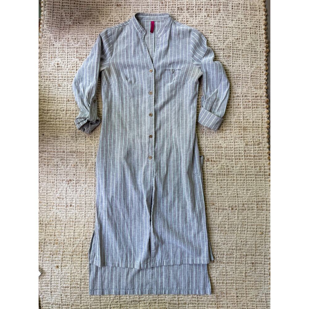 Vesta Line Gray Striped Midi Shirt Dress Minimalist Button Front Size S